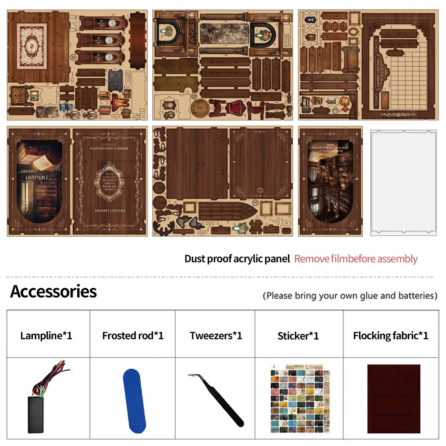 DIY bookshelf kit parts with wood panels, acrylic panel, accessories, LED lamp, stickers, fabric.