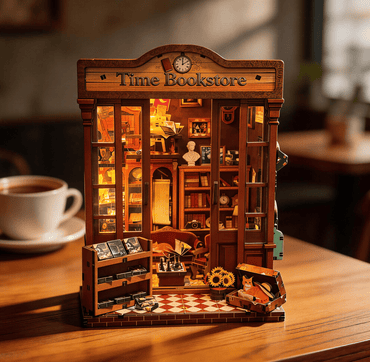 Timeless Bookstore DIY miniature house kit warm lit bookstore interior