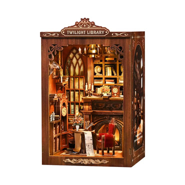 Miniature DIY Twilight Library kit with LED lights, vintage bookshelves and cozy reading chair