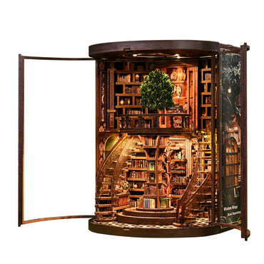 Miniature DIY bookshelf kit with spiral staircases, books, and LED lights