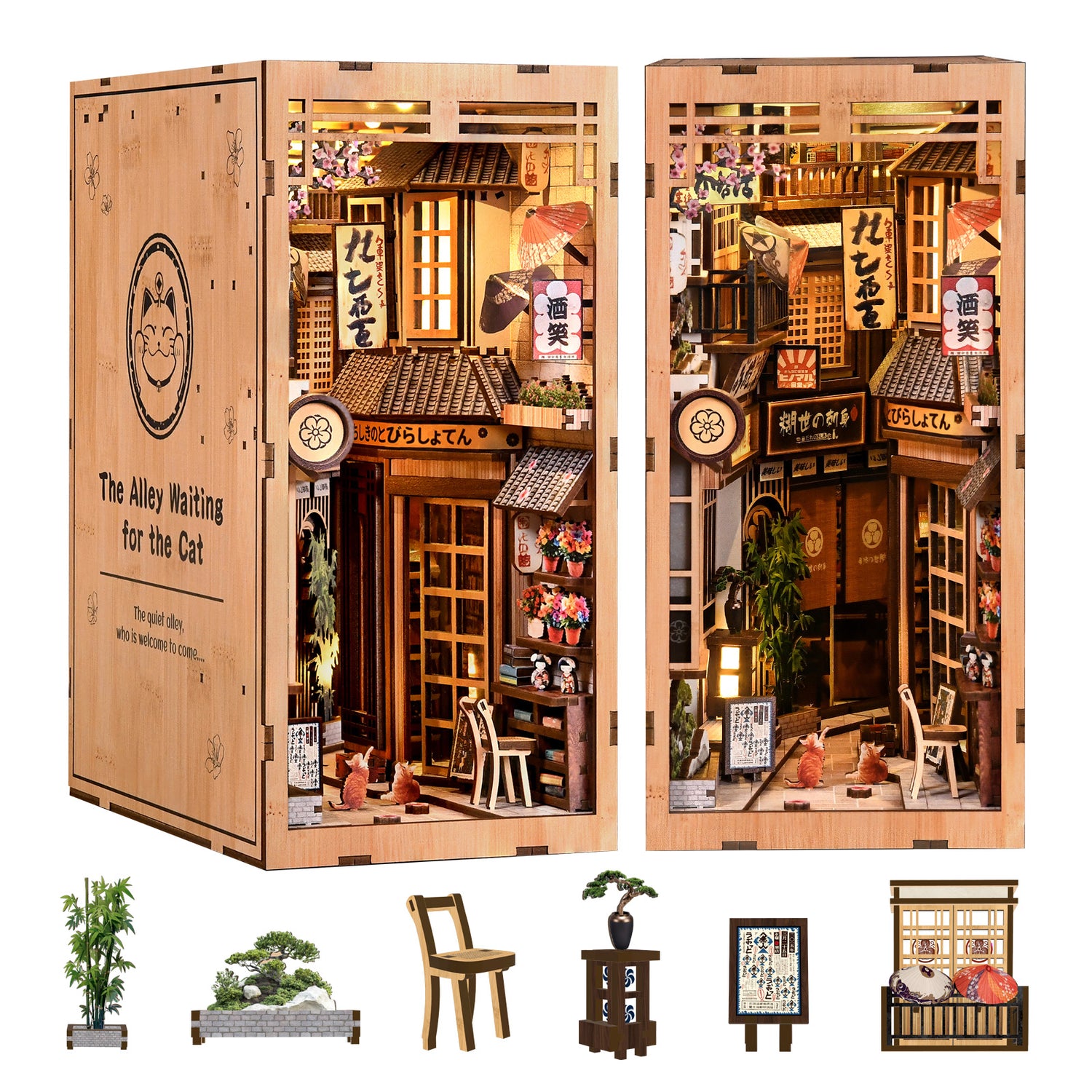 DIY book nook kit with packaging and accessories