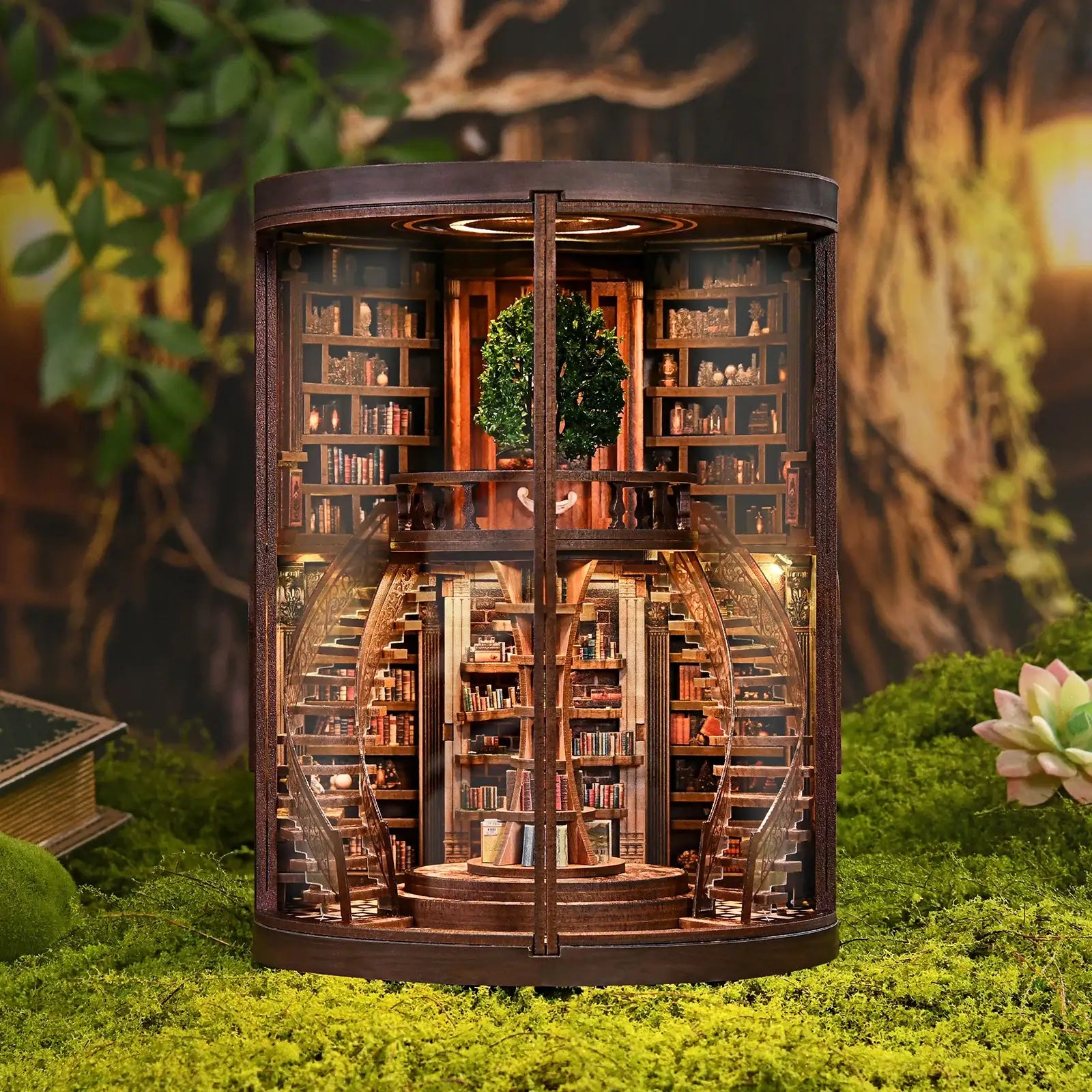 Miniature library craft kit with LED lights, featuring curved staircase and tree centerpiece