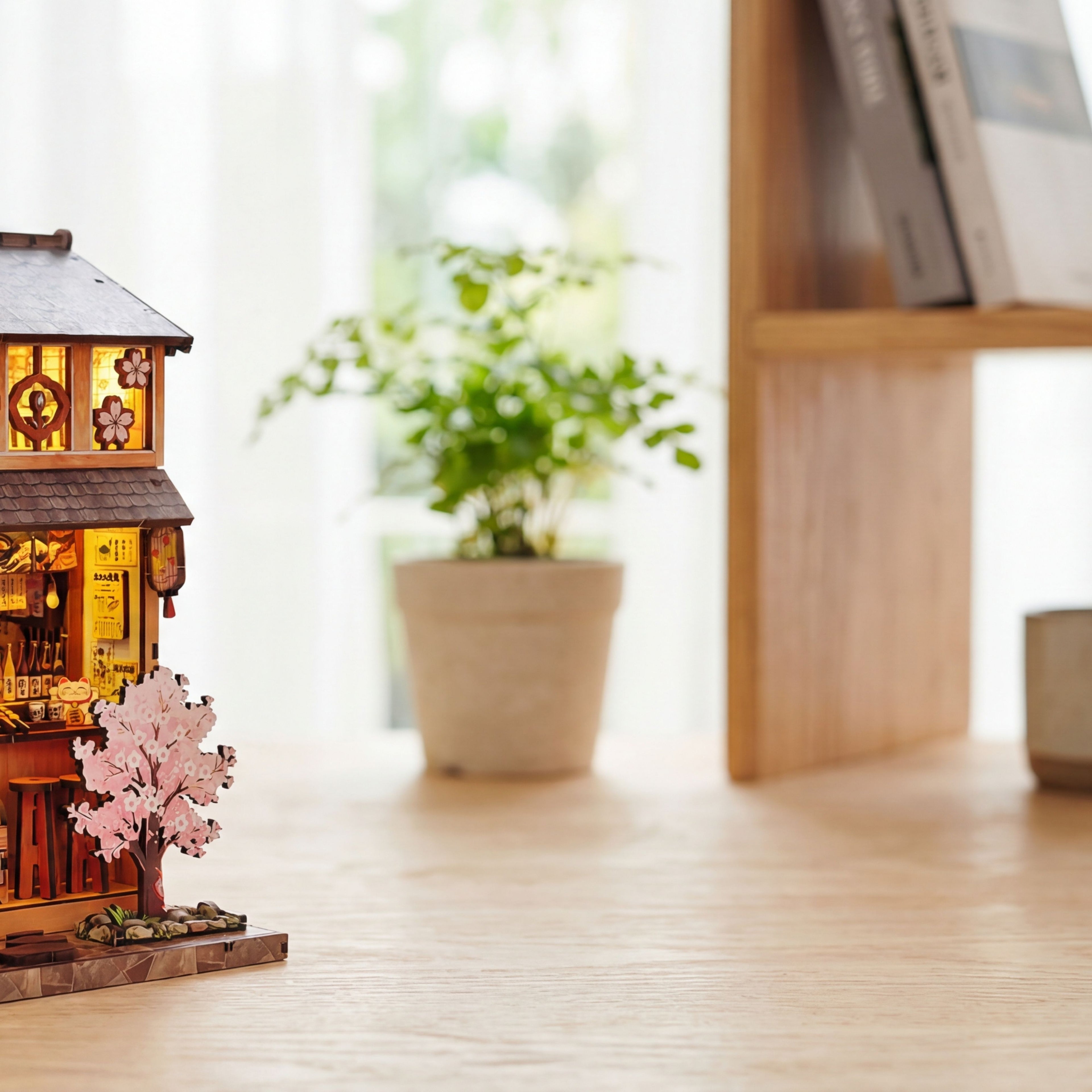 Decorative items on a wooden surface with a blurred background