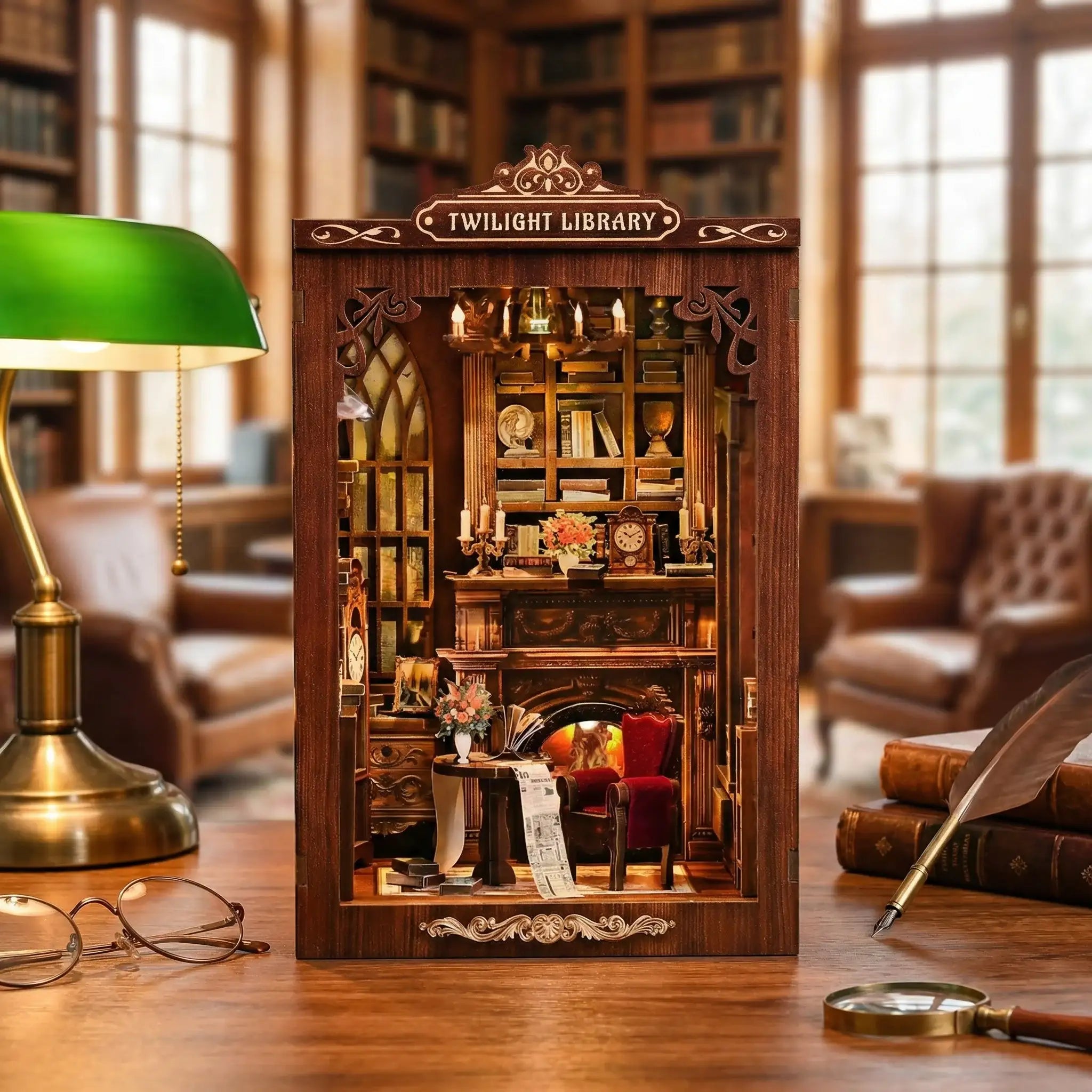 Miniature Twilight Library book nook kit with LED lights, classic bookshelf decor, cozy study scene