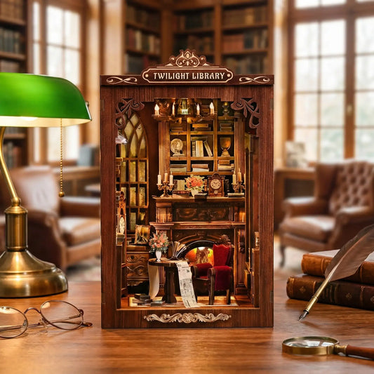 Miniature Twilight Library book nook kit with LED lights, classic bookshelf decor, cozy study scene