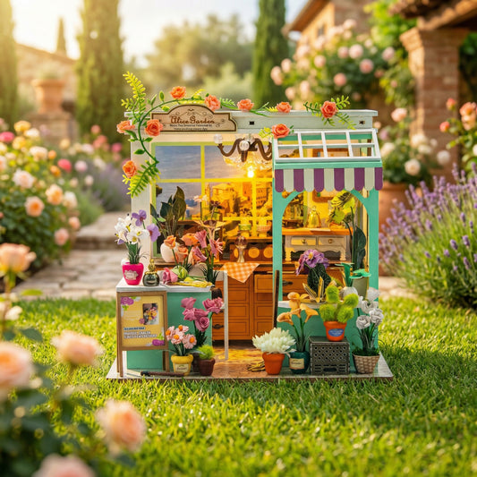 Miniature garden-themed house in a garden setting with flowers and plants around.