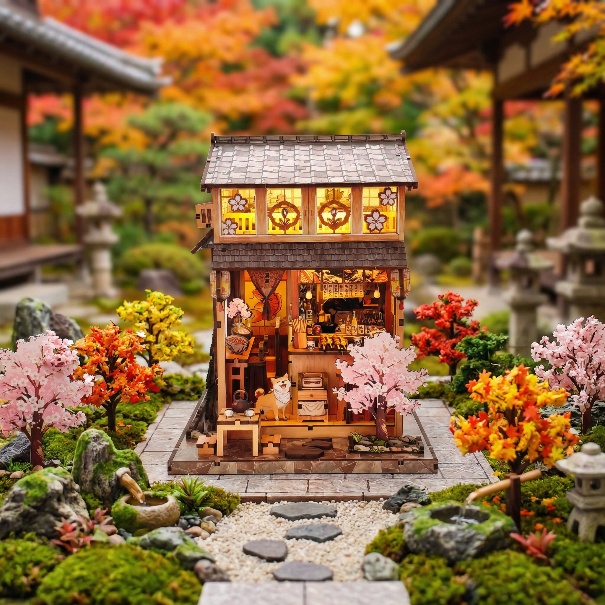 DIY Miniature wooden house with interior details in a garden setting with autumn foliage