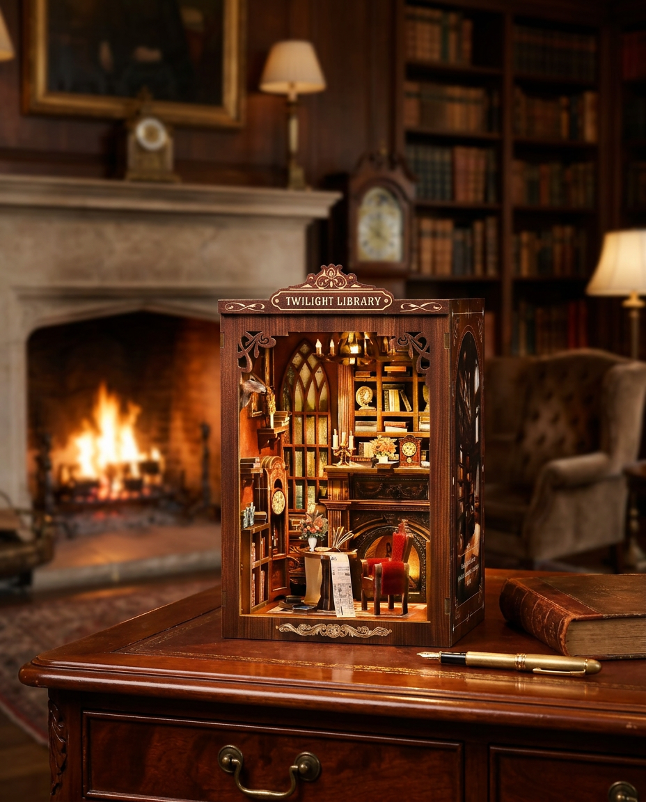 Cozy DIY book nook by fireplace