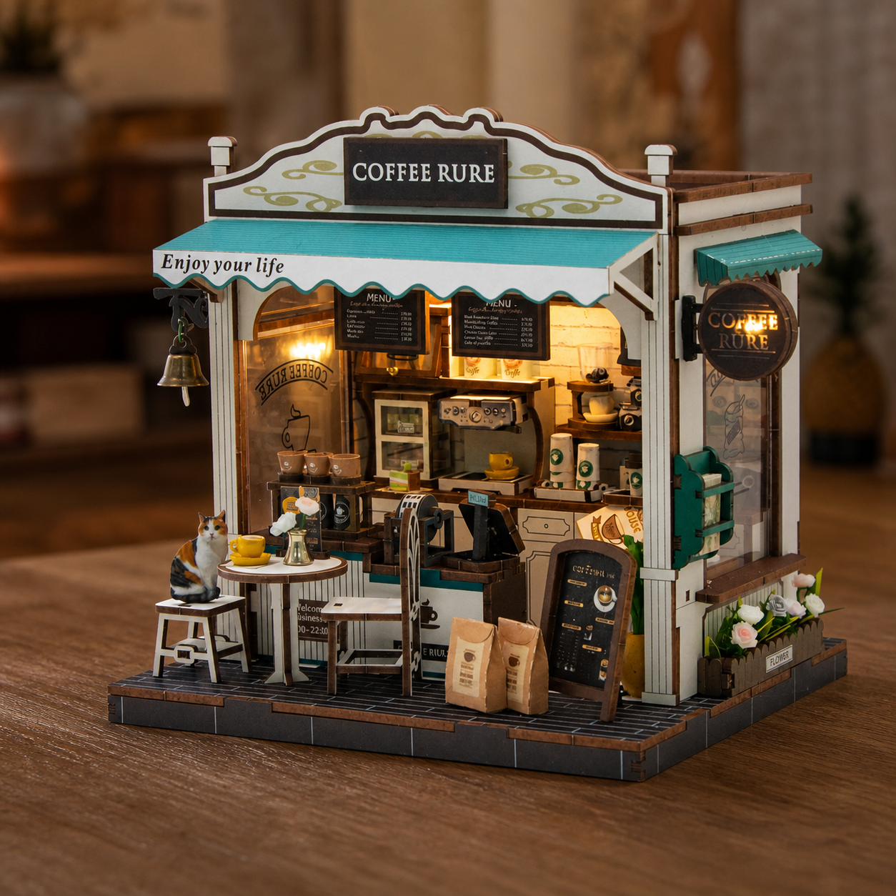 Cafe Rure freestanding miniature cafe with warm LED lighting