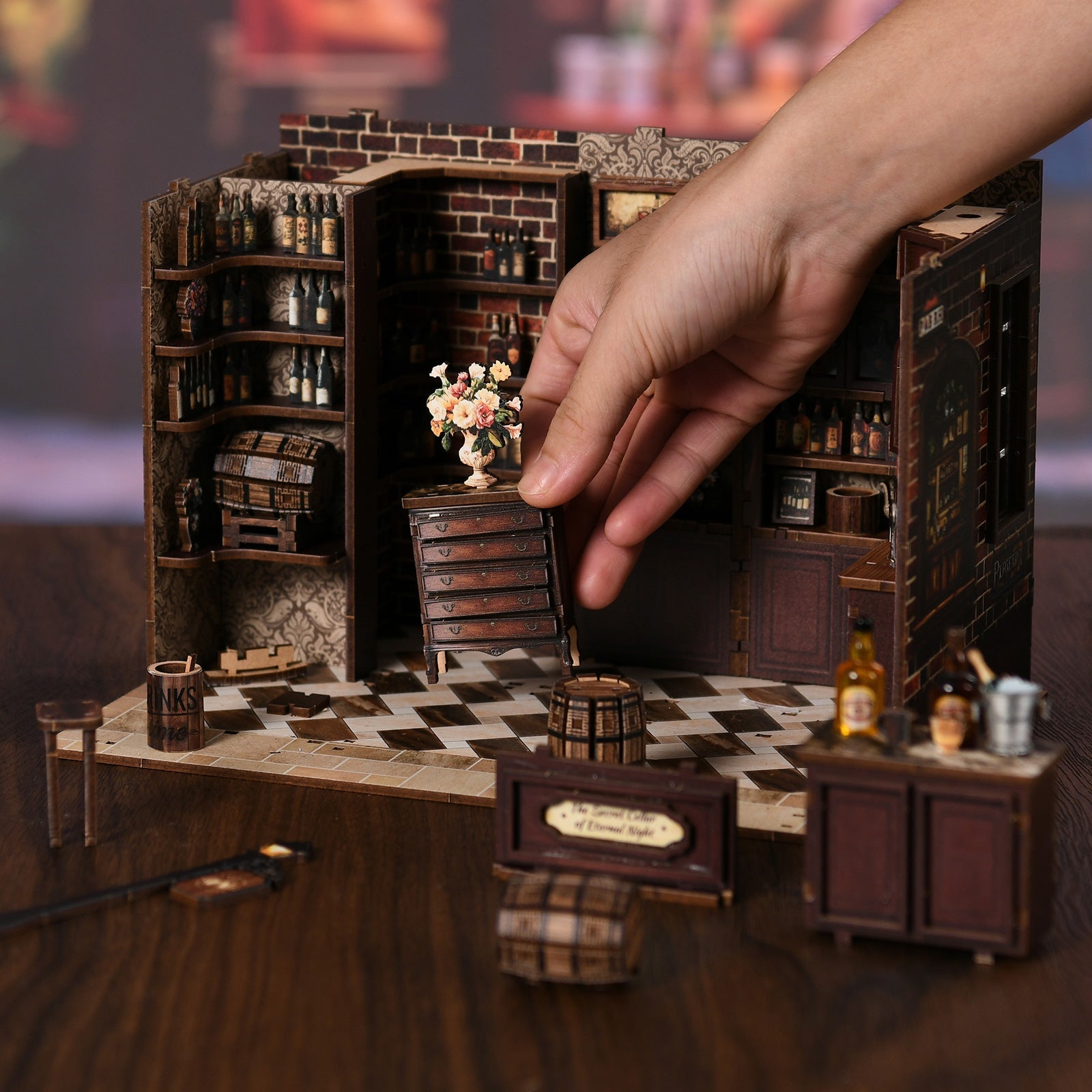 Corner Tavern DIY book nook kit brick wine shop with streetlamp