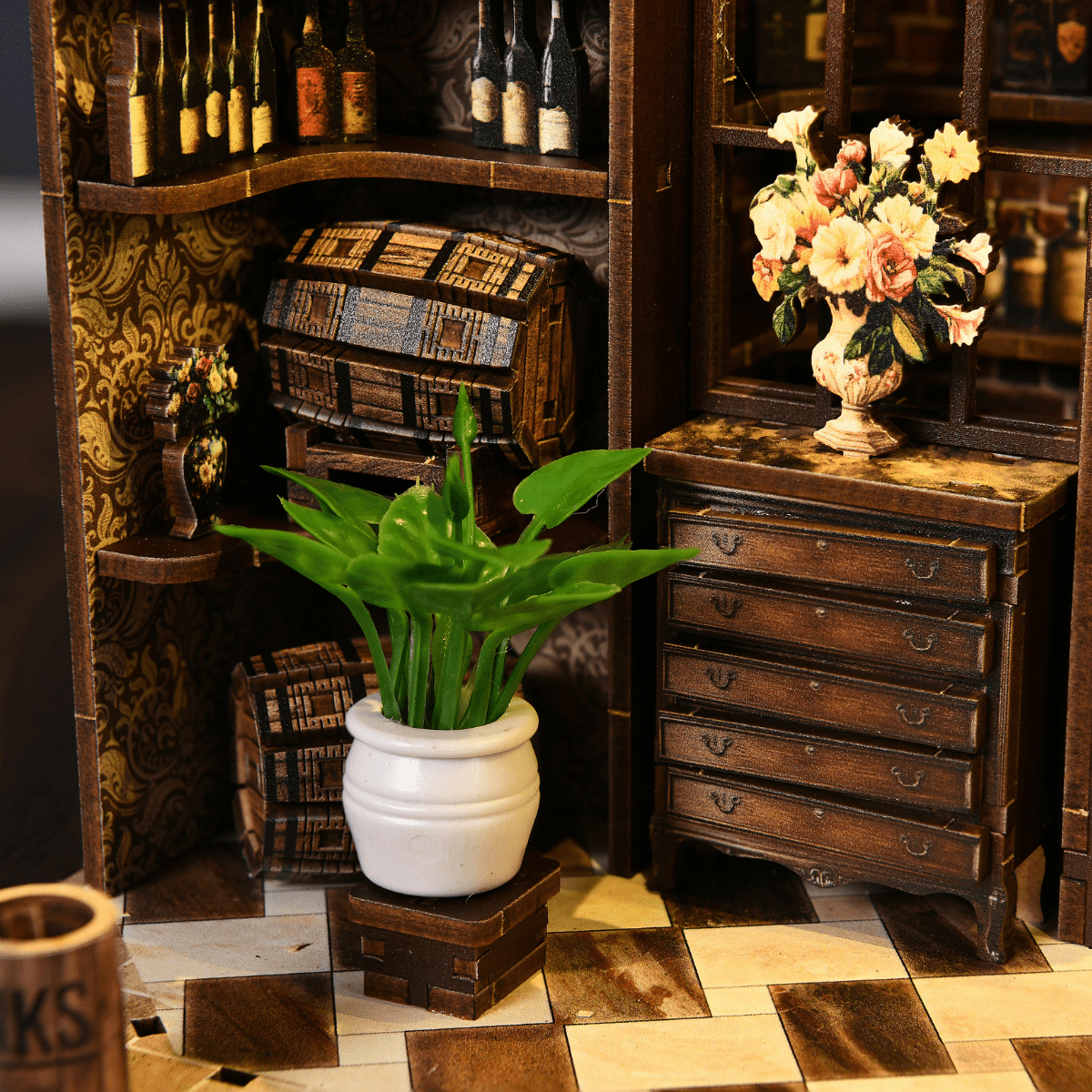 Corner Tavern DIY book nook kit bar interior bottle detail