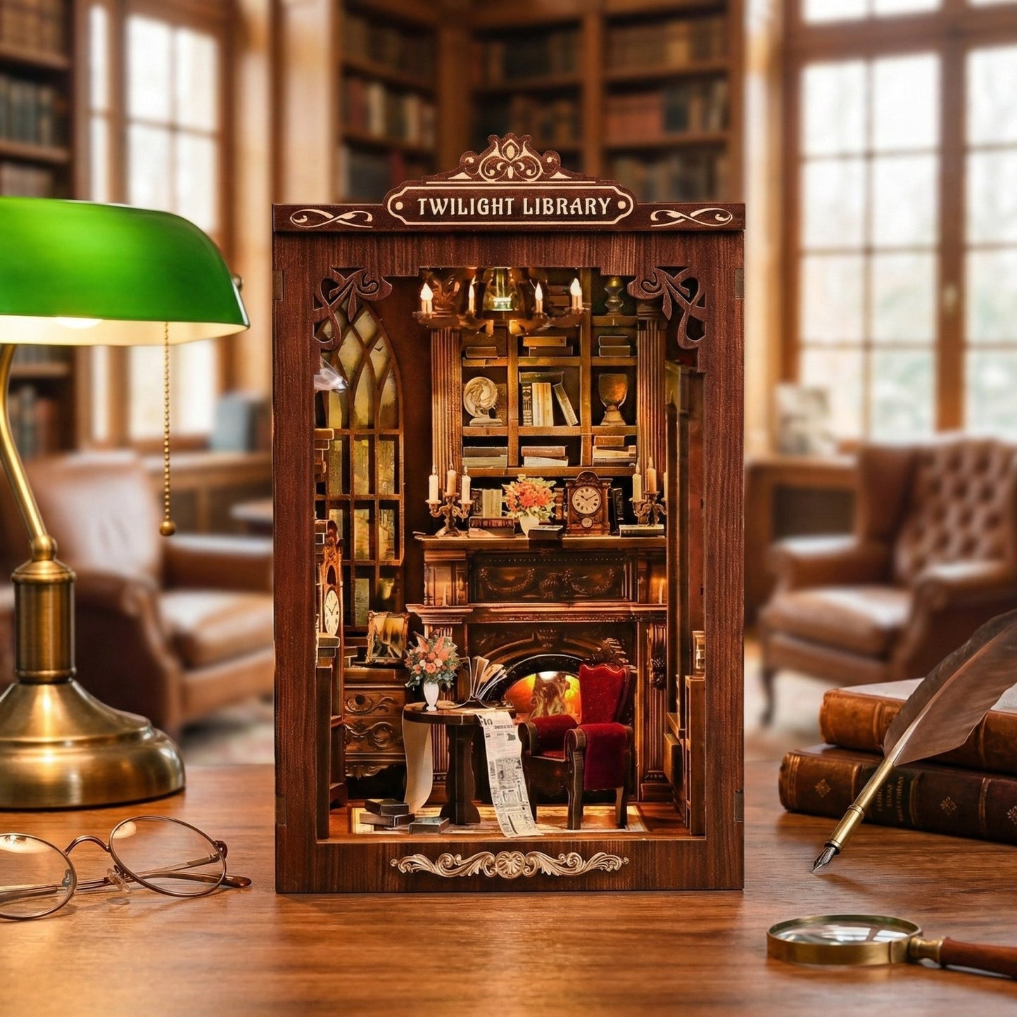 Twilight Library DIY book nook kit woodwork and velvet seating