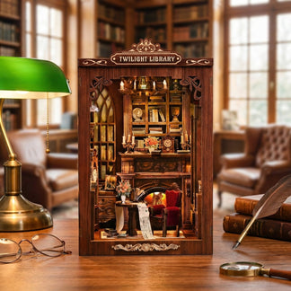 Twilight Library DIY book nook kit woodwork and velvet seating