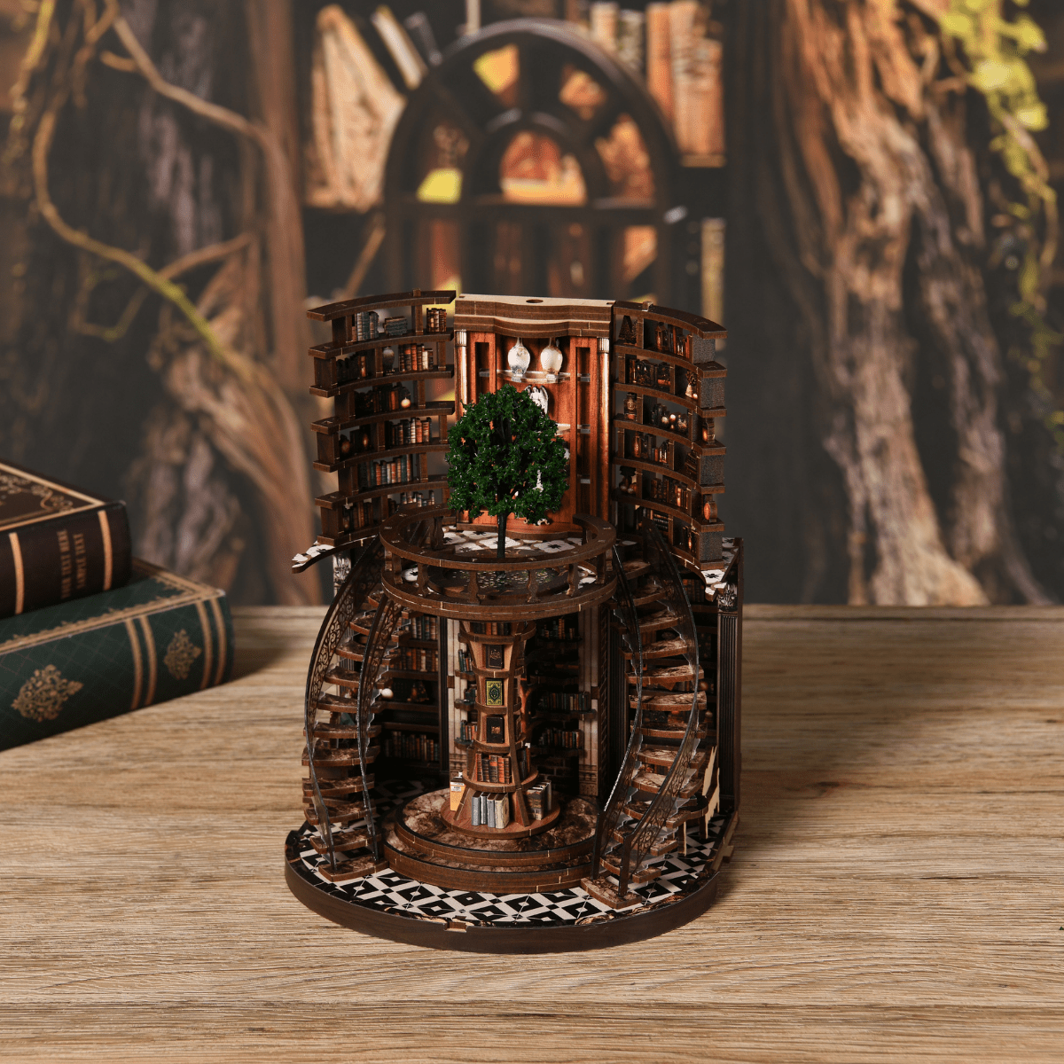 Wisdom Library DIY book nook kit tree and bookcase detail