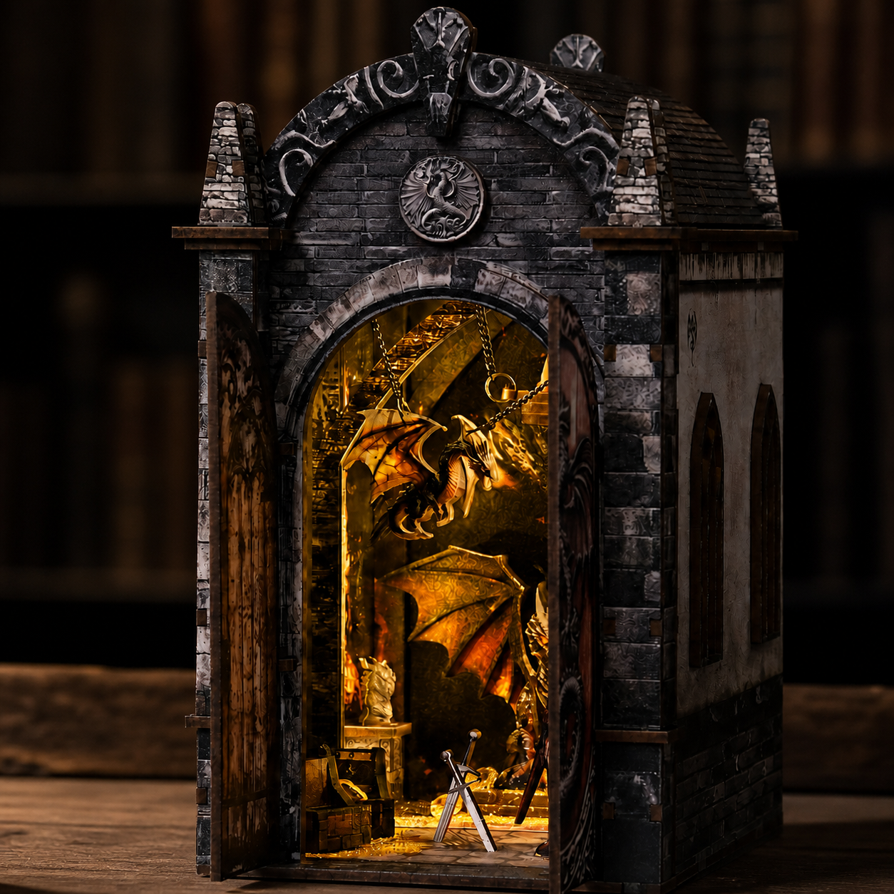 Close view of the Dragon Castle miniature fantasy scene