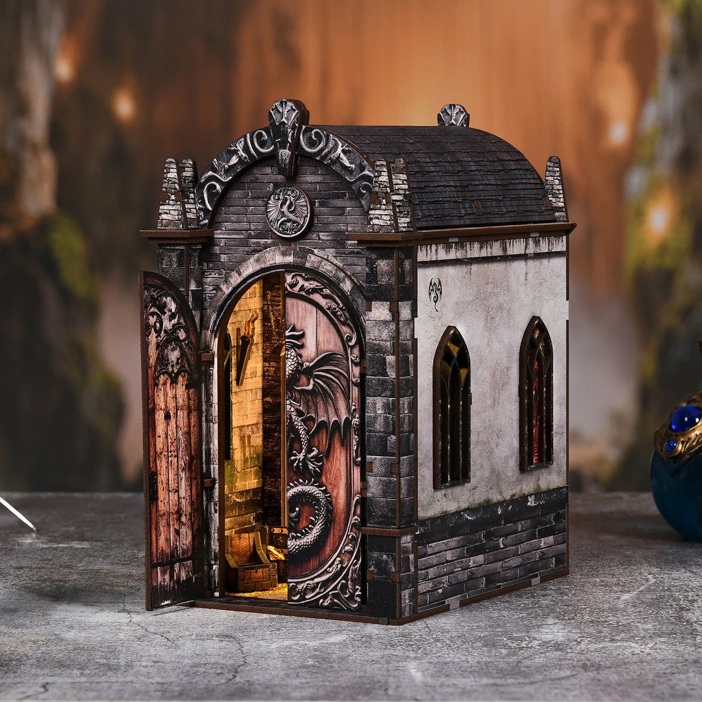 Dragon Castle DIY book nook kit stone towers and treasure