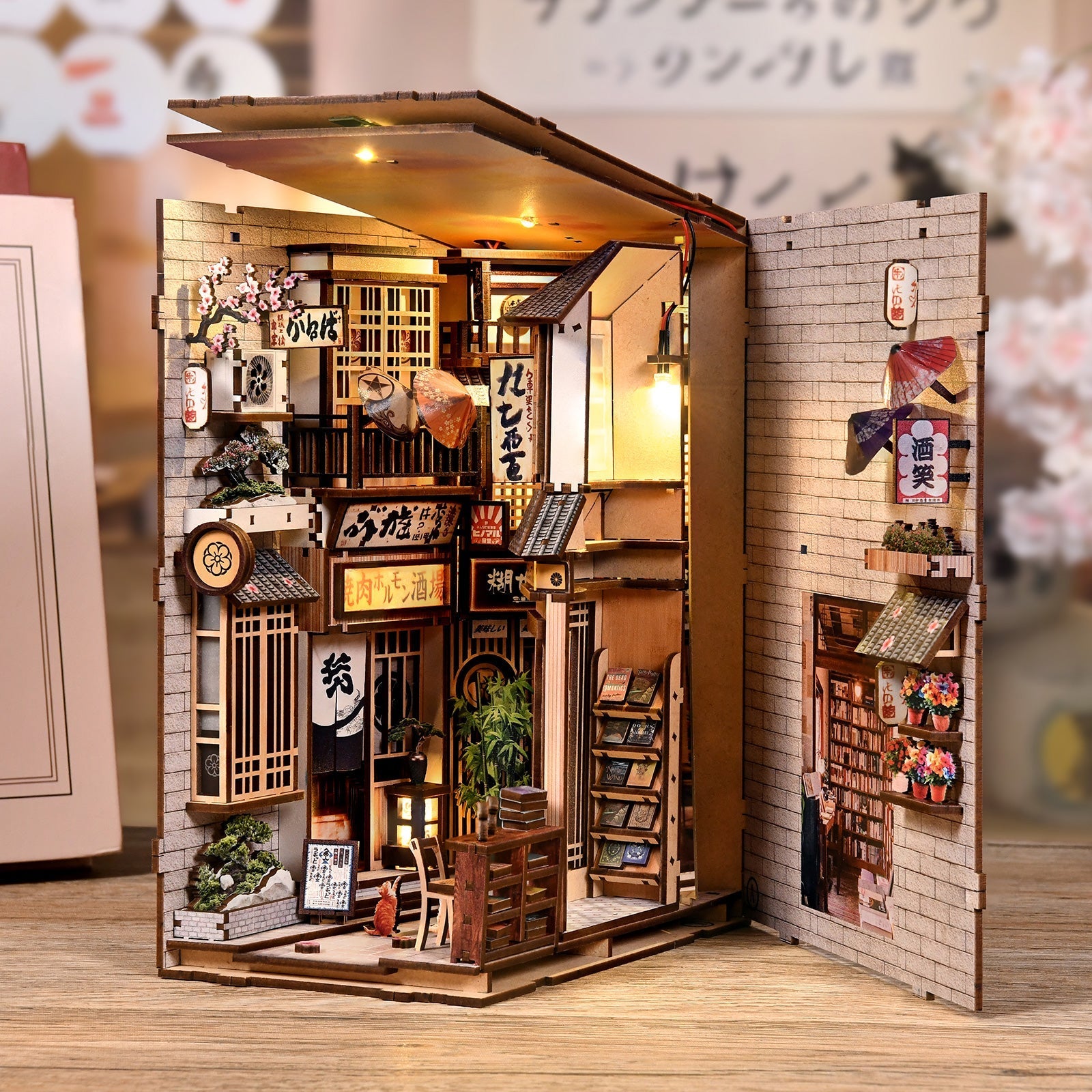 Sakura Alley DIY book nook kit warm LED alley scene