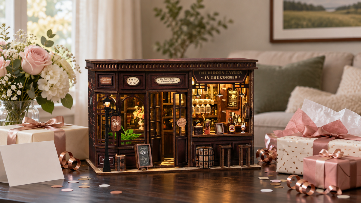 Corner Tavern miniature kit displayed with festive gift wrapping at home