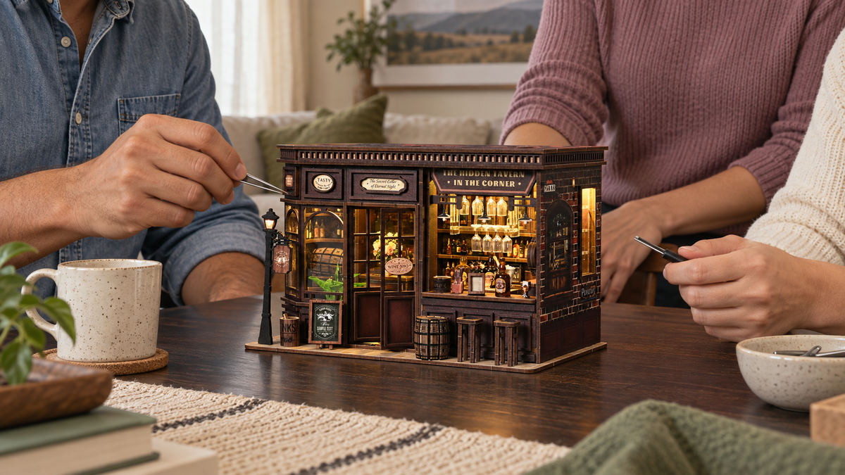 Corner Tavern miniature kit during a shared craft session at home