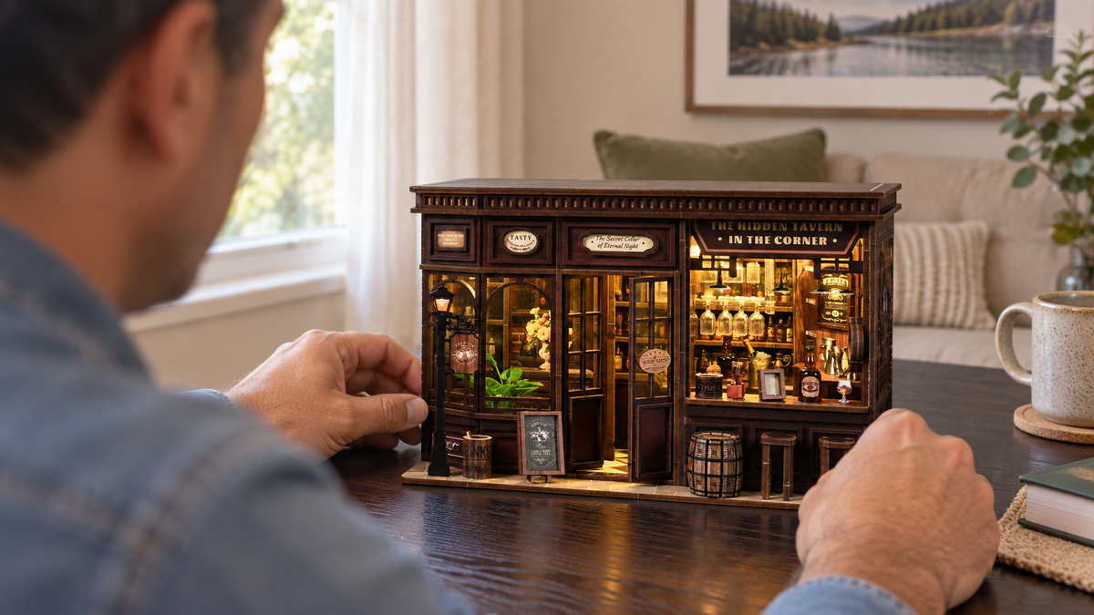 Corner Tavern miniature kit being enjoyed by one adult at home