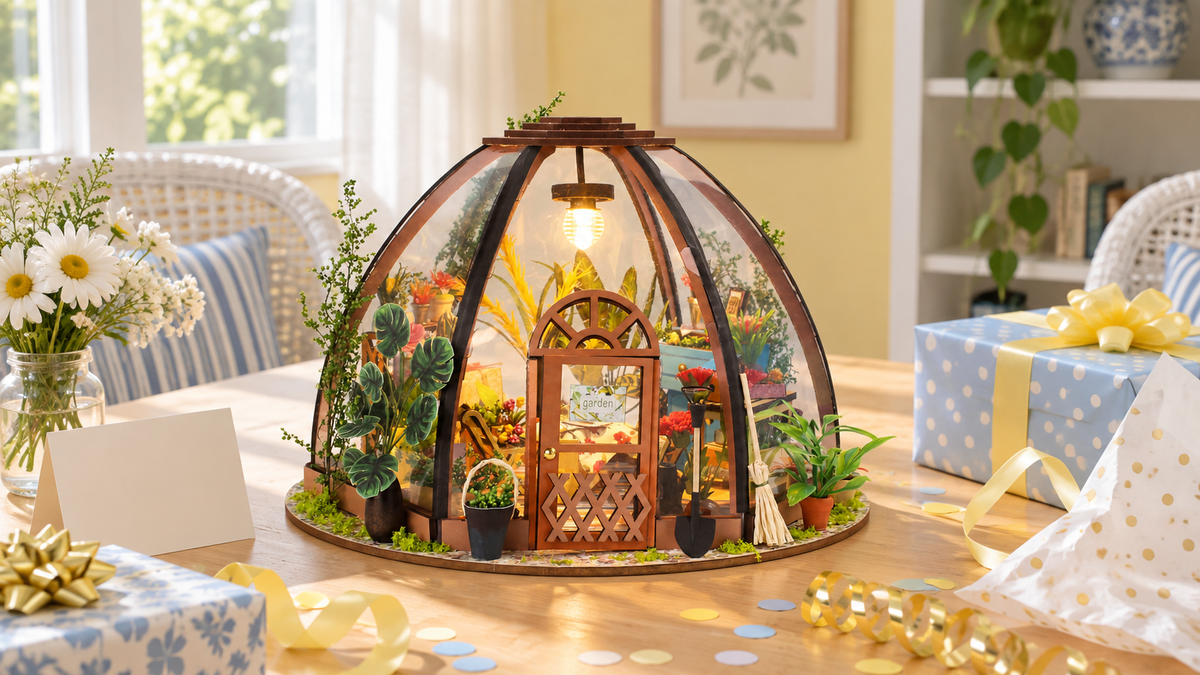 Starry Garden miniature kit displayed with festive gift wrapping at home