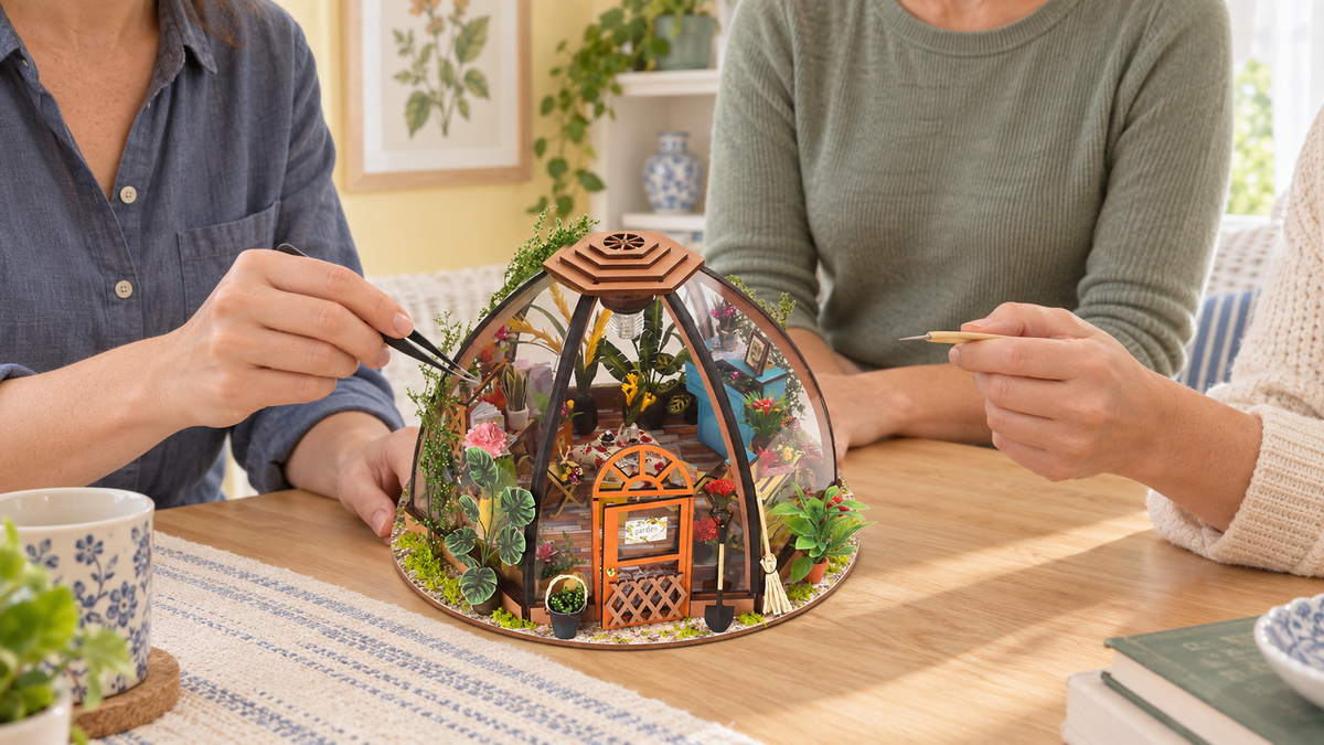 Starry Garden miniature kit during a shared craft session at home
