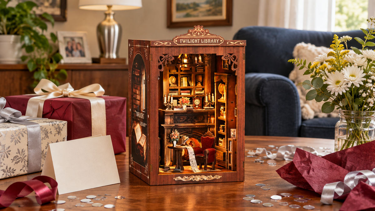Twilight Library miniature kit displayed with festive gift wrapping at home