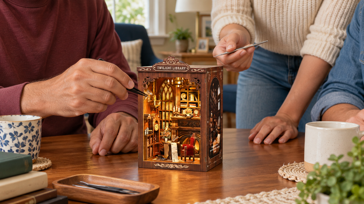Twilight Library miniature kit during a shared craft session at home