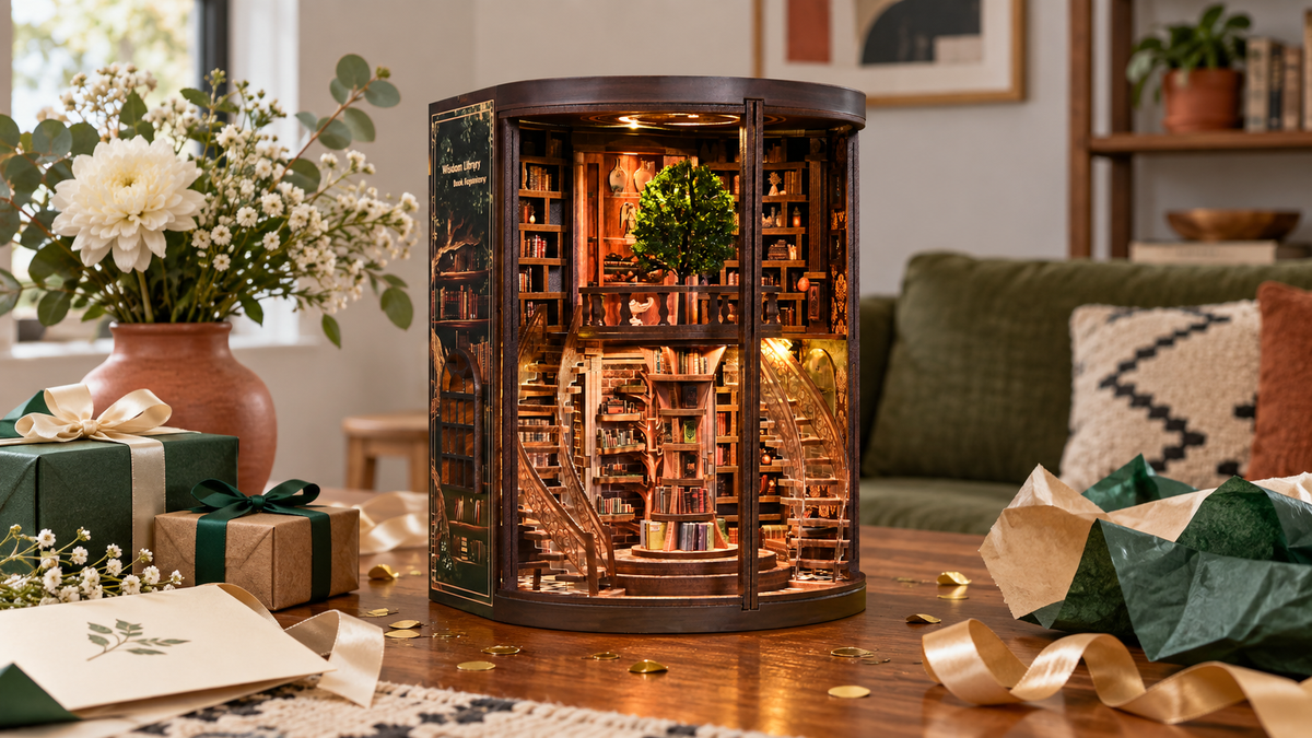 Wisdom Library miniature kit displayed with festive gift wrapping at home