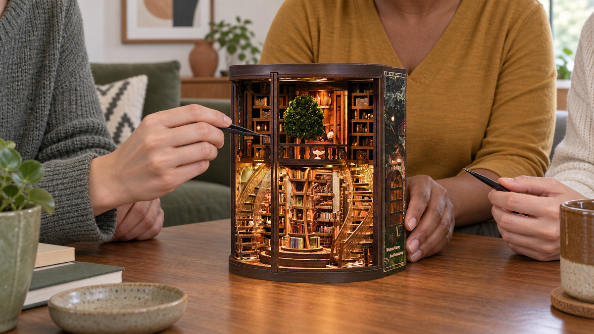 Wisdom Library miniature kit during a shared craft session at home