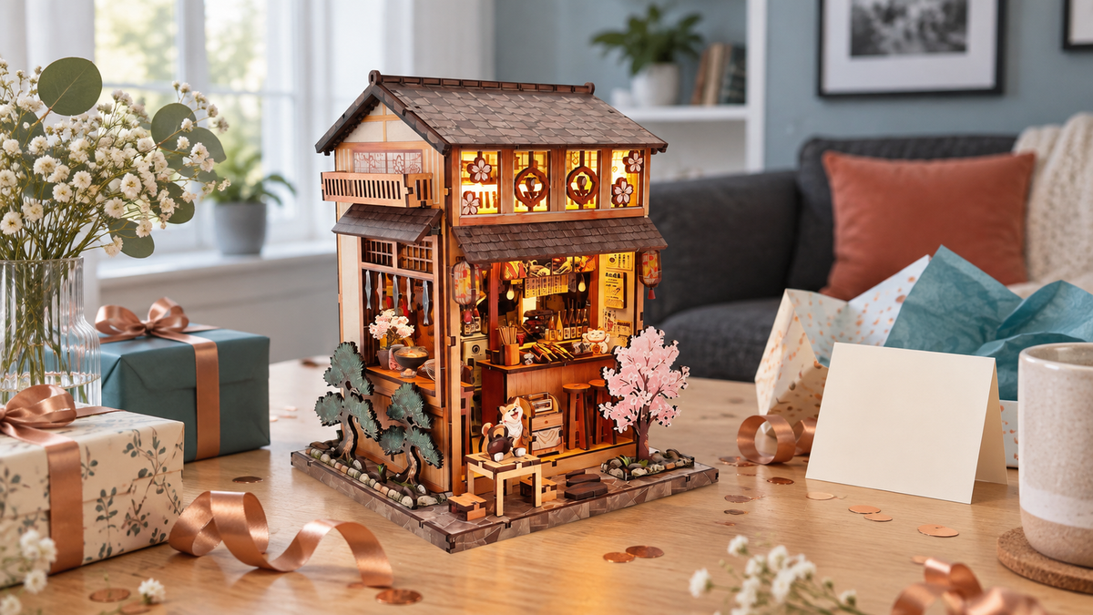 Yakitori Grill House miniature kit displayed with festive gift wrapping at home