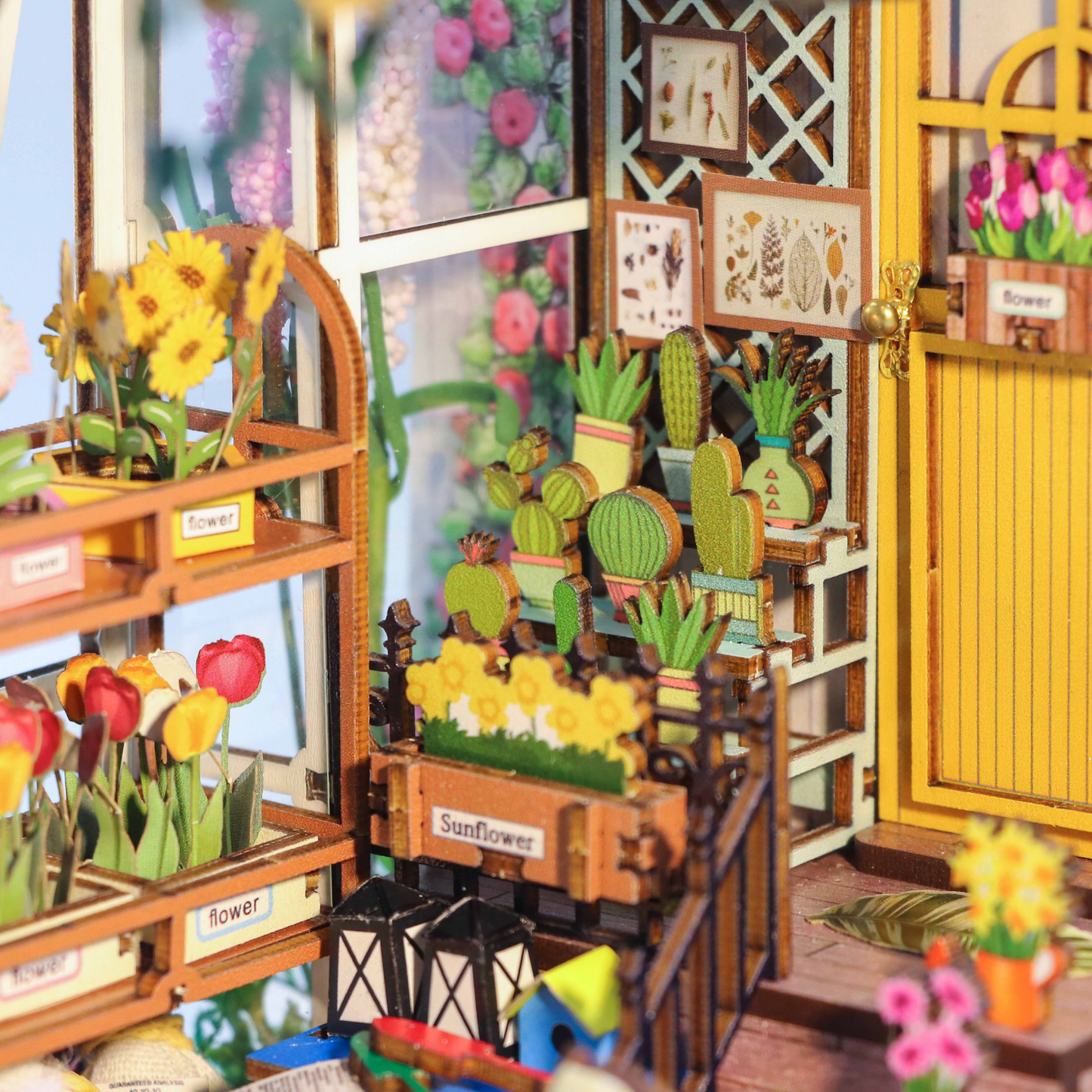 Garden House DIY miniature house kit flowers and seating close-up