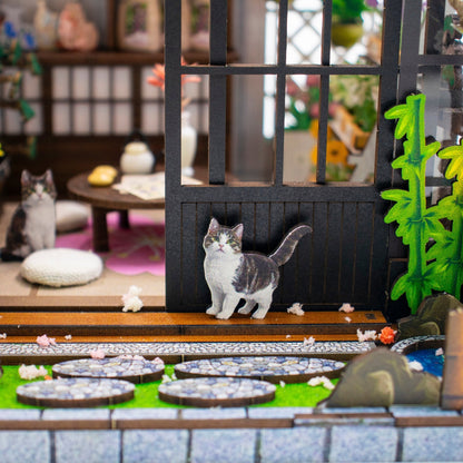 Sakura Greenhouse DIY miniature house kit gray cat by greenhouse window
