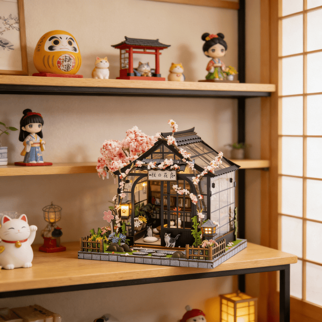 Sakura Greenhouse DIY miniature house kit shelf display with figurines