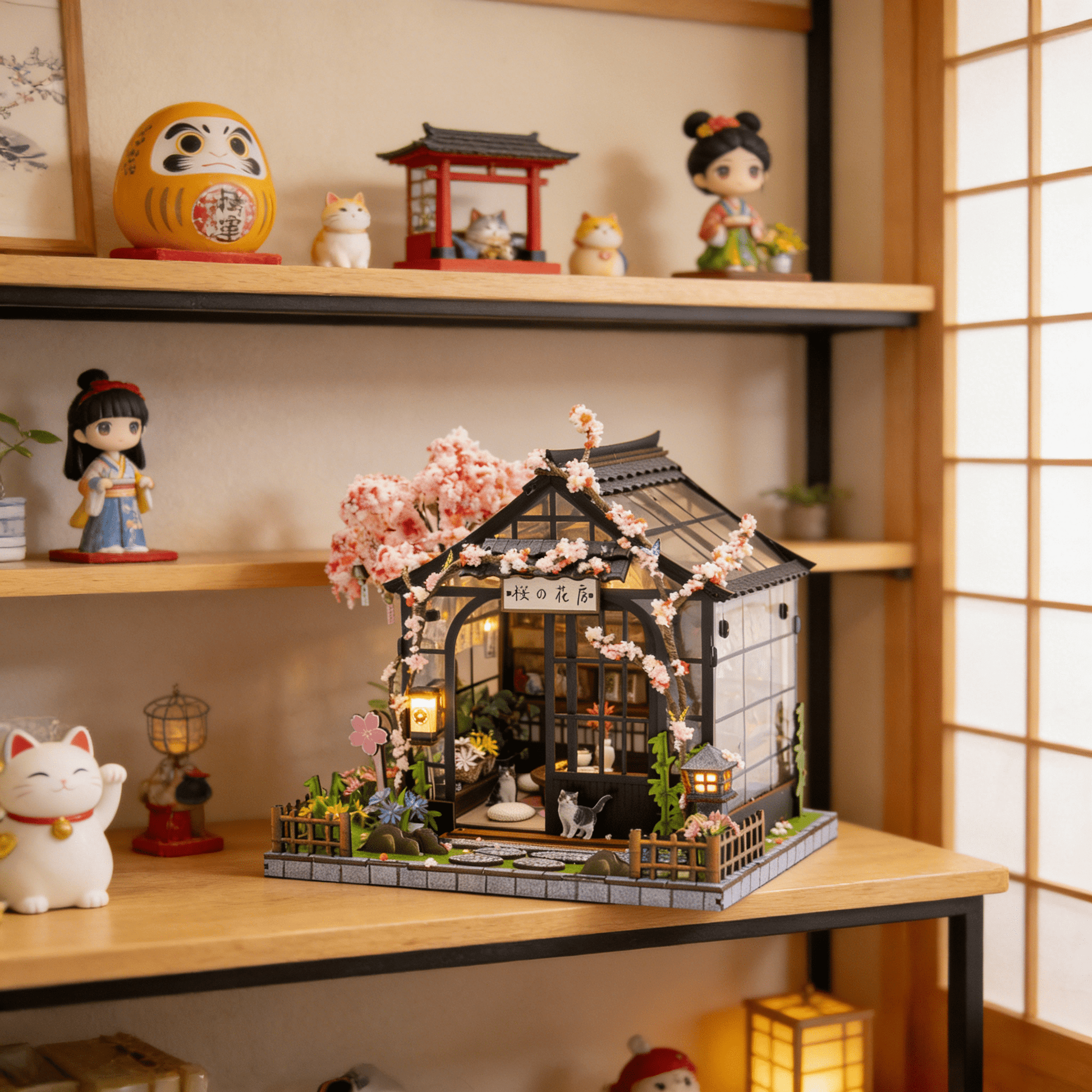 Sakura Greenhouse DIY miniature house kit shelf display with figurines