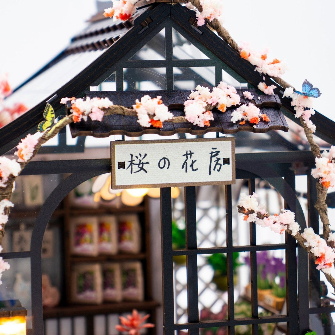 Sakura Greenhouse DIY miniature house kit cherry blossom roof close-up