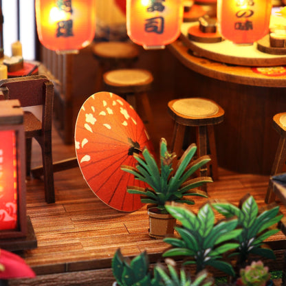 Sushi House DIY miniature house kit paper umbrella and plant detail