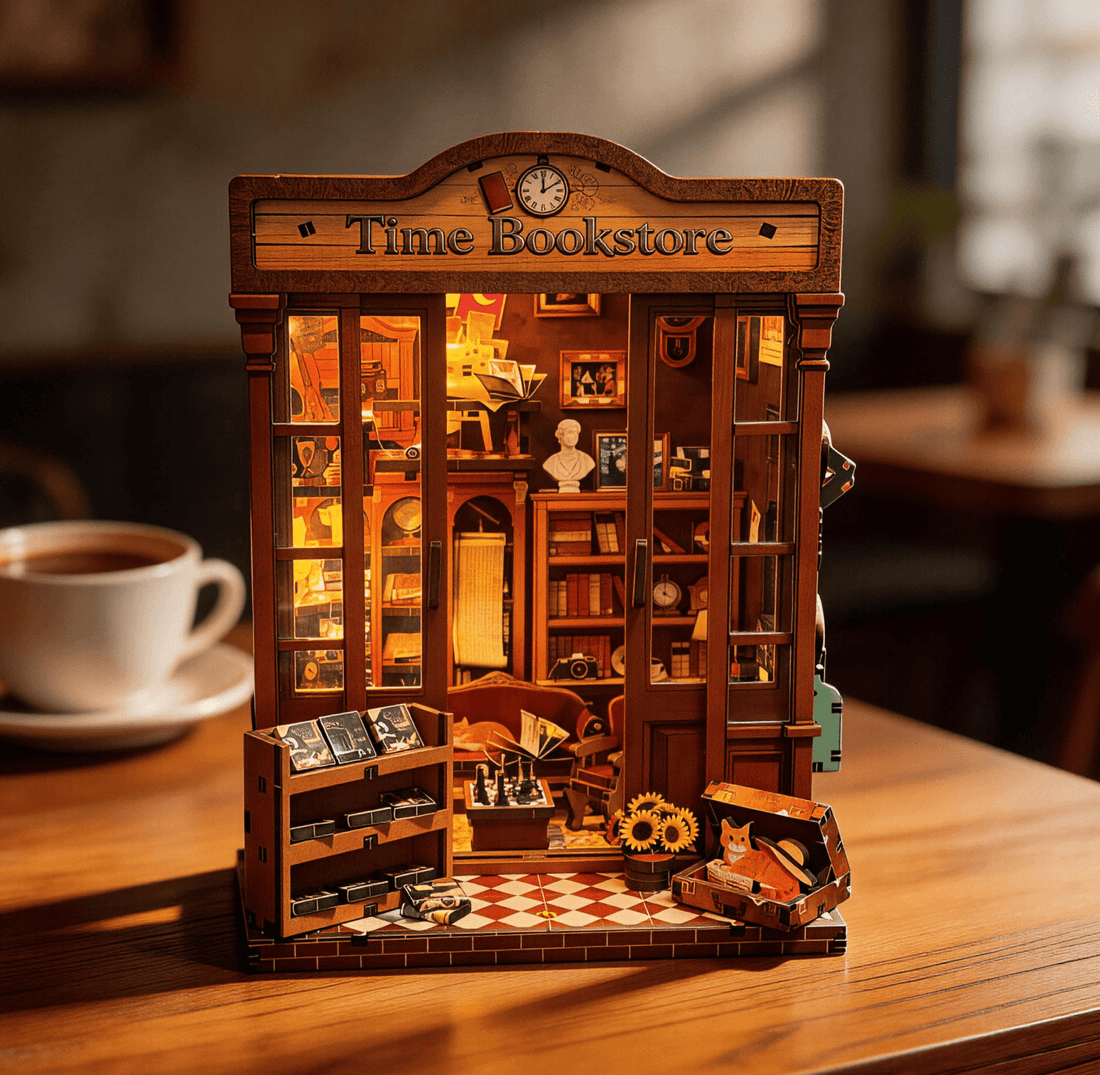 Timeless Bookstore DIY miniature house kit warm lit bookstore interior