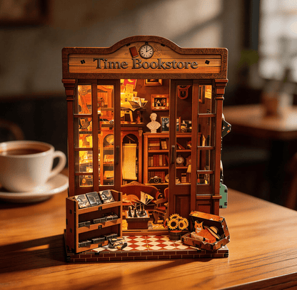 Timeless Bookstore DIY miniature house kit warm lit bookstore interior