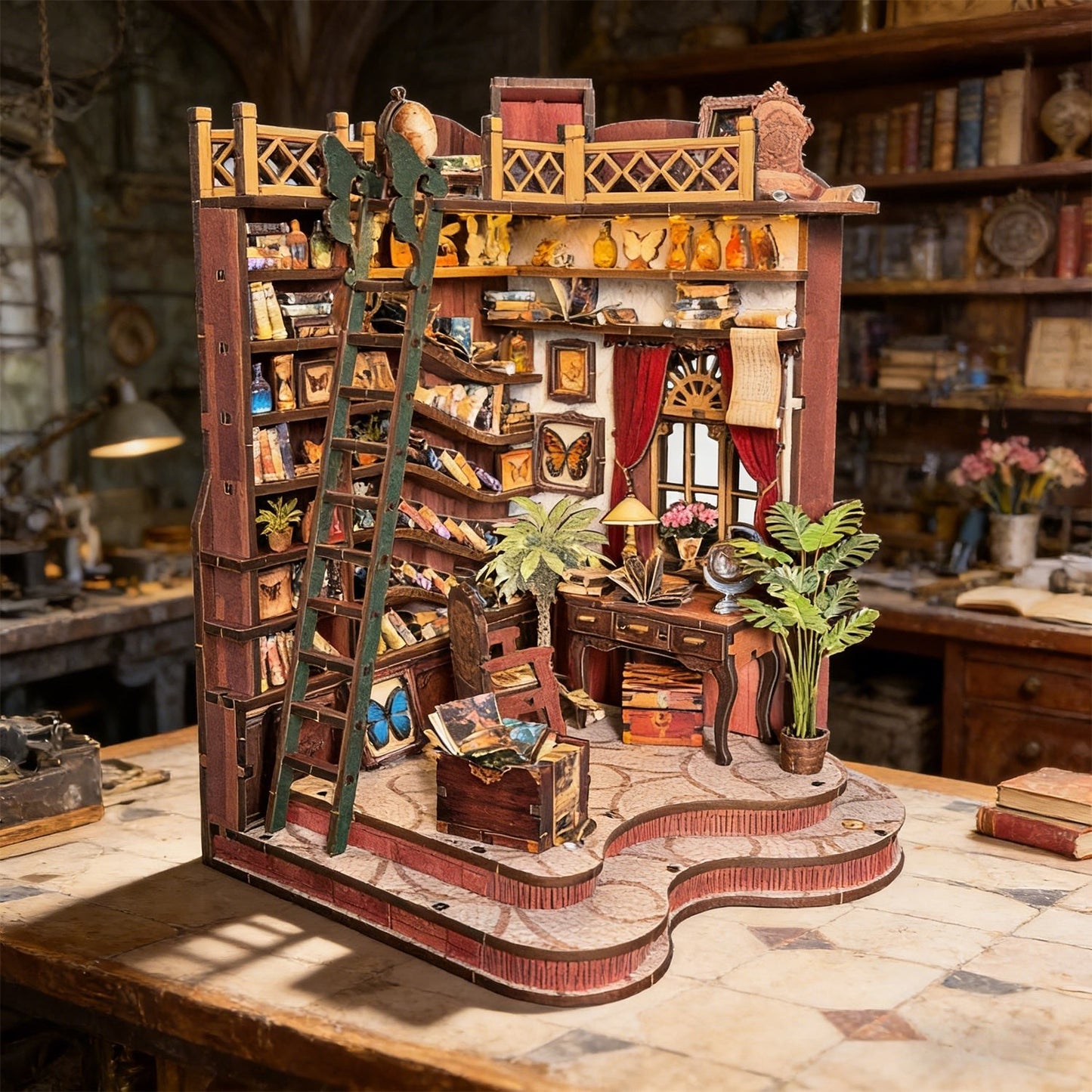Winding Alley Library DIY miniature house kit spiral staircase exterior