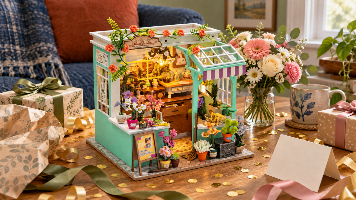 Alice's Garden miniature kit displayed with festive gift wrapping at home