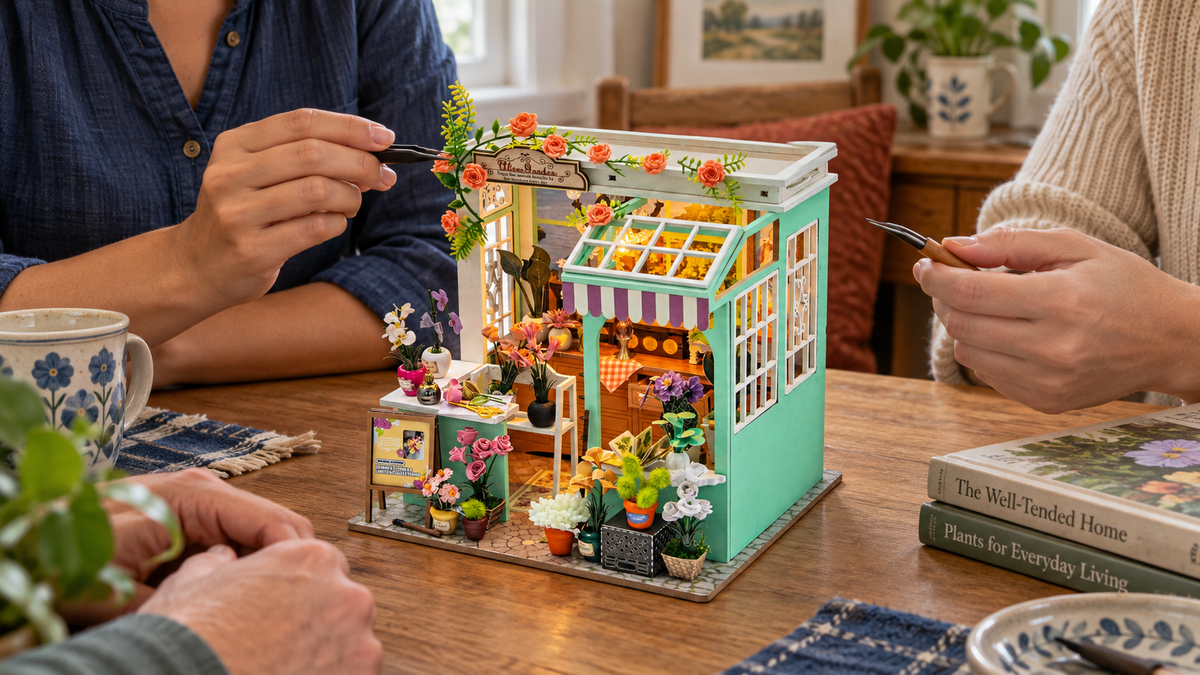 Alice's Garden miniature kit during a shared craft session at home
