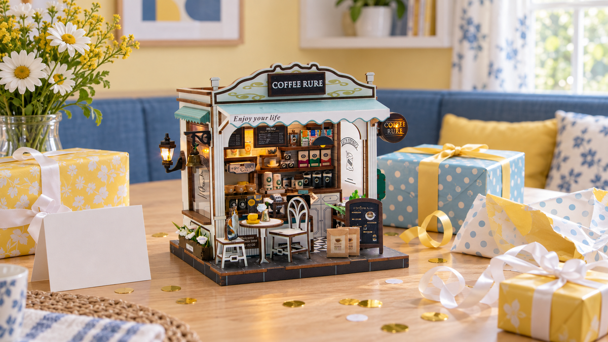 Cafe Rure miniature kit displayed with festive gift wrapping at home