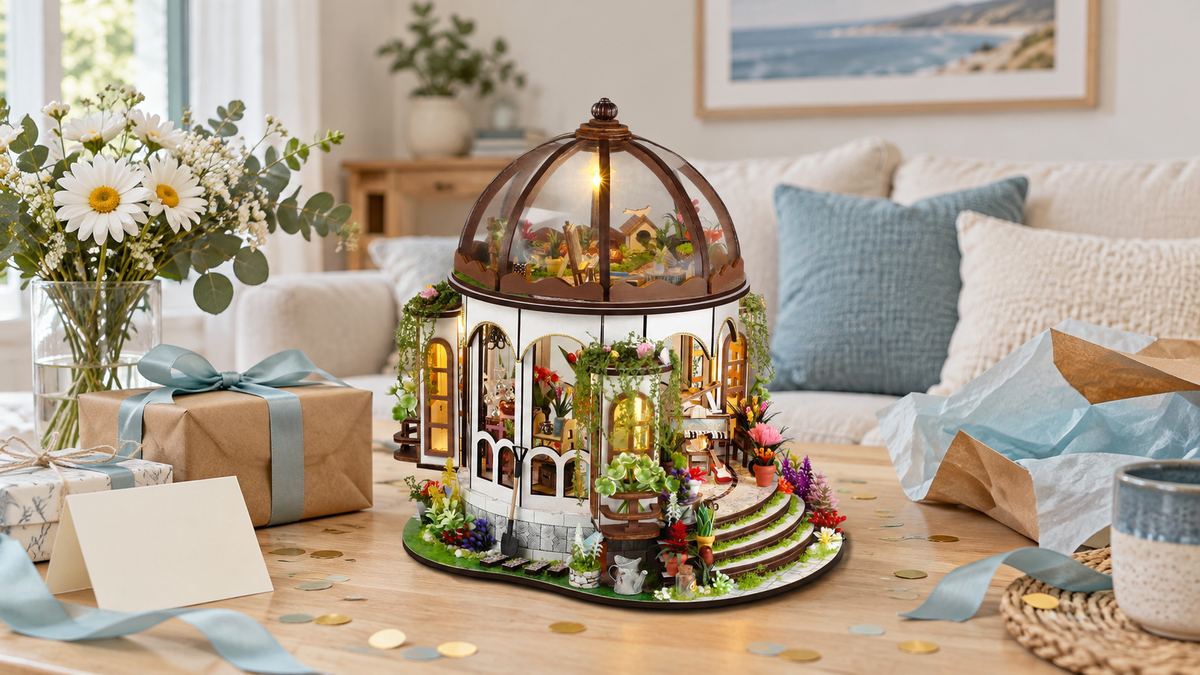 Hanging Garden miniature kit displayed with festive gift wrapping at home