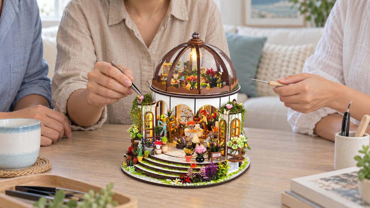 Hanging Garden miniature kit during a shared craft session at home