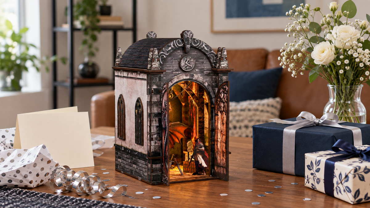 Dragon Castle miniature kit displayed with festive gift wrapping at home