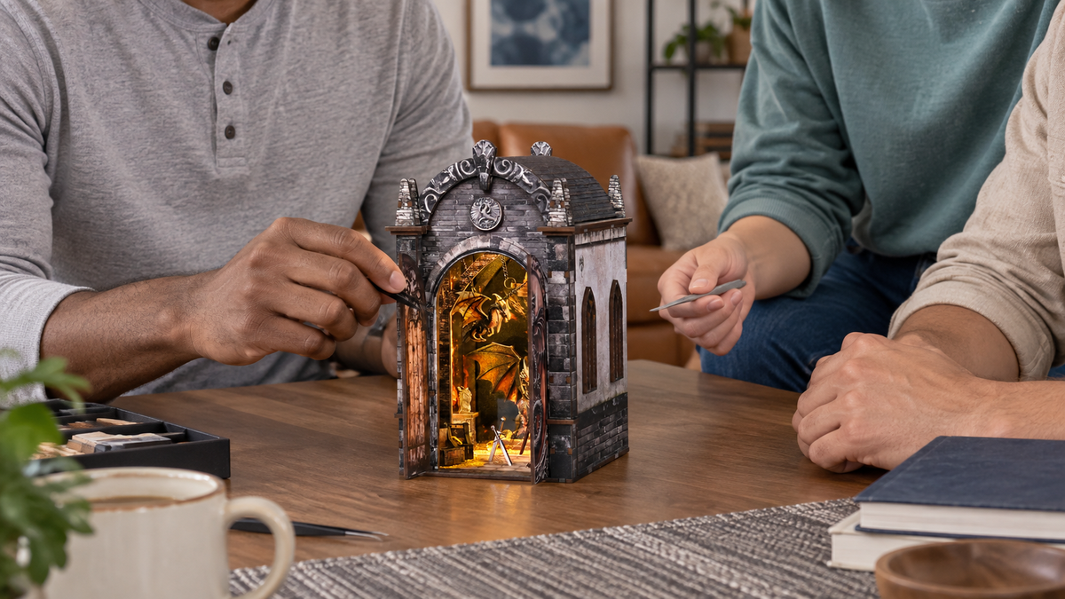 Dragon Castle miniature kit during a shared craft session at home