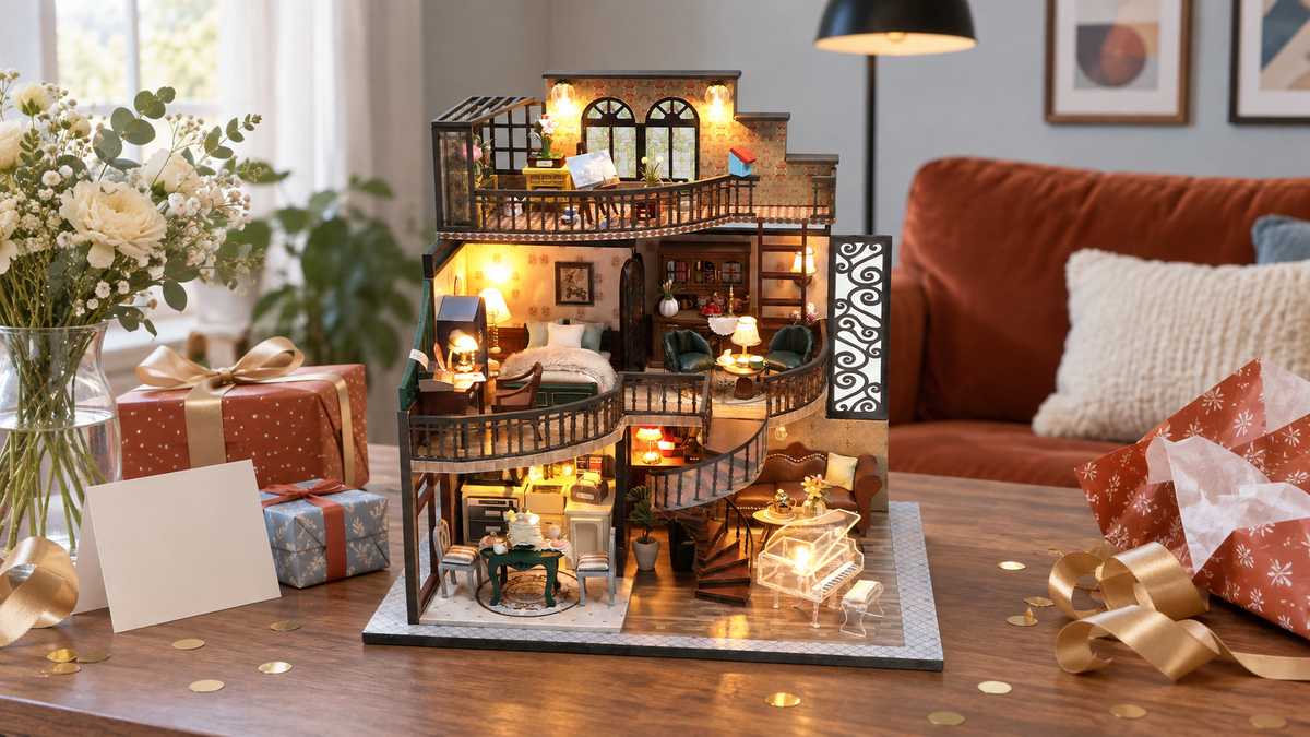 Dreamy Loft miniature kit displayed with festive gift wrapping at home
