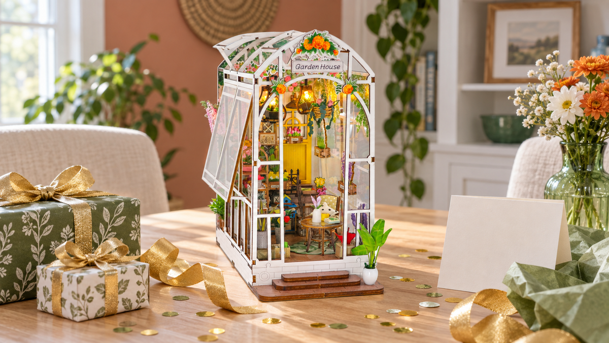 Garden House miniature kit displayed with festive gift wrapping at home