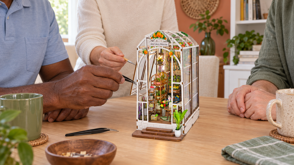 Garden House miniature kit during a shared craft session at home